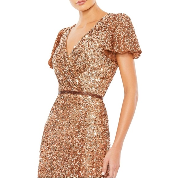 Mac Duggal Copper Sequined Wrap Over 18 Butterfly Sleeve Draped Gown Formal - Picture 3 of 12